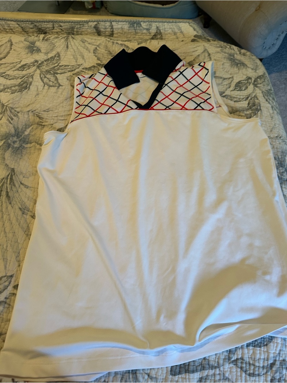 Lady Hagen White Sleeveless Polo Tank with Navy Collar and Red/Navy Diamond Yoke